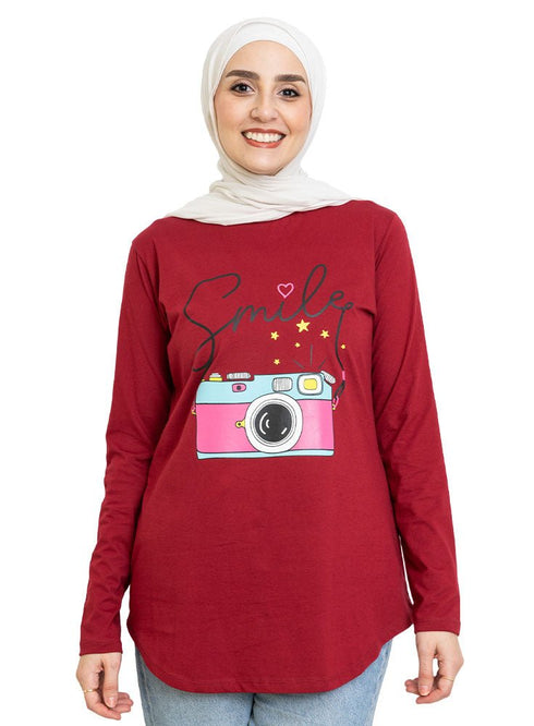 Brick Red Printed Long - Sleeve Design 20 - Khotwh